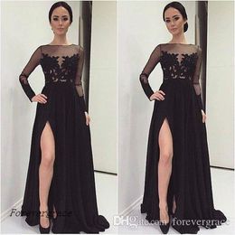 2019 Cheap Black Bridesmaid Dress With Split Long Sleeves Lace Applioque Maid of Honour Dress Wedding Guest Gown Custom Made Plus Size