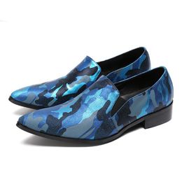 Camouflage Men Shoes Genuine Leather Pointed Toe Dress male paty prom shoes Party Men Flats Shoes Slip On