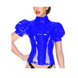 Plus Size Summer Zipper Front Puff Sleeve Tops Women Wet Look High Neck PVC Slim T-Shirt Nightclub Dancing Performance Costume