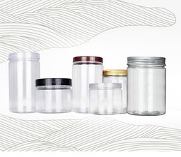 2022 kleine plastikdosen deckel für 250ml 350ml Transparente Kleine Kunststoff Pet Gläser mit Aluminiumdeckel Klar Leere kosmetische Probengefäß mit Deckel auf Lager