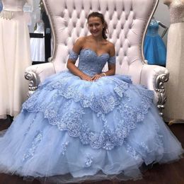 Light Blue Ball Gown Quinceanera Dresses Sweetheart Lace Appliqued Prom Gowns Sequins Puffy Tulle Sweet 16 Dress Formal Evening Dress
