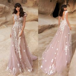 Graceful Backless Wedding Dresses Sexy Sweep Train Beach Wedding Gowns Cap Sleeve Bohemian Country Bridal Gowns