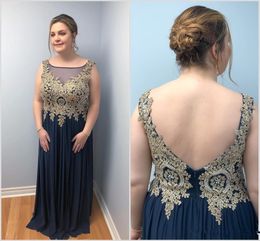 Dark Navy Plus Size Mother Of The Bride Dresses Backless Floor Length Gold Appliques Beads Chiffon Long Evening Wedding Guest Gowns Z12