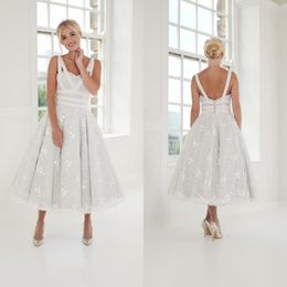house applique UK - Modern Ball Gown House Of Mooshki Wedding Gowns Spaghetti Sleeveless Tulle Lace Applique Ruched Wedding Dresses Tea Length Bridal Gowns