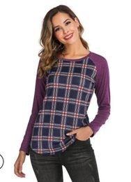 Plus Size Female T-Shirt 2019 Plaid Raglan T Shirts For Women Long Sleeve O-neck Ladies Baseball Tops