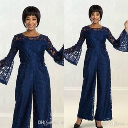 Dark Blue Pants Suits For Mother Of The Bride Jewel Neck long sleeve Lace Wedding Guest Dress Ankle Length Mother of groom dress