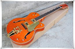 Orange Semi-Hollow Body Golden Hardware 2 Pickups Electric Guitar with Big Tremolo Bridge,Rosewood Fingerboard,Can be Customised