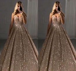 Bling Bling Rose Gold Princess Prom Dress Long 2019 Deep V-neck Party Dress For Women Special Occasion Evening Elegant Formal Dress Gowns