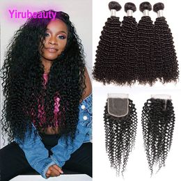 Brazilian Unprocesnprocessed Human Hair 4 Bundles With Lace Closure Middle Free Three Part Kinky Curly Hair Extensions Bundles With Closures
