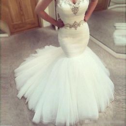 Dresses Beaded Mermaid Elegant Crystal Sweetheart Neckline Ruched Organza Sweep Train Custom Made Chapel Wedding Gowns 0418