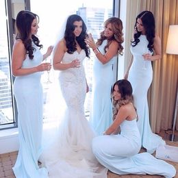 free shipping Simple Design Halter Bridesmaid Prom Gown Backless Mermaid Sweep Train Floor Length Wedding Party Dress