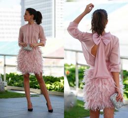 New Arrival Pink Feather Cocktail Dresses 2019 Above Knee Long Sleeves Chiffon Short Party Prom Gowns With Bow Cheap Arabic Special Occasion