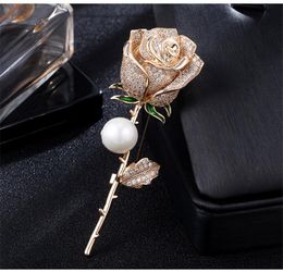 Full Diamond Rose Corsage For Female New Trendy Flower Pearl Brooches Pins Gold Plated Designer Brooch Pins Accessories