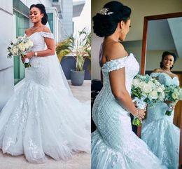 Charming 2020 Lace Mermaid Wedding Dresses Off Shoulder Applique Beads Tulle African Bridal Gown Train Custom Plus Size Bride Dress