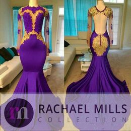 purple gold african dress Canada - Charming High Neck Purple Prom Dresses 2019 African Style Gold Evening Gowns For Black Girls Long Sleeve Sweep Train Formal Dresses