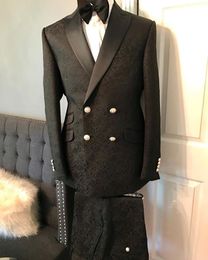 New Arrival Men Suits Black Pattern Groom Tuxedos Peak Satin Lapel Groomsmen Wedding Best Man 2 Pieces ( Jacket+Pants+Tie ) L477