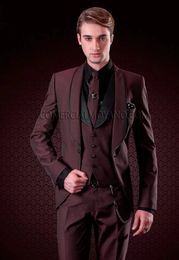 Fashion Burgundy Slim Fit Groom Tuxedos Excellent Groomsman Wedding Dress Men Formal Business Prom Party Suit(Jacket+Pants+Tie+Vest) 2084