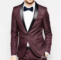 Burgundy Mens Wedding Tuxedos Black Shawl Lapel Groom Groomsmen Tuxedos Popular Man Blazers Jacket Excellent 2 Piece Suit(Jacket+Pants+Tie)8