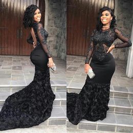 Black Mermaid Long Prom Dress Backless Beaded Lace Illusion 3D Flowers Long Sleeve African Girl Evening Wear