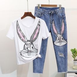 Spring Summer Fashion Women Set Diamond Sequins Cartoon Short Sleeve T-shirt Tops + Hole Denim Pants 2Pcs Feminine Jeans Suits