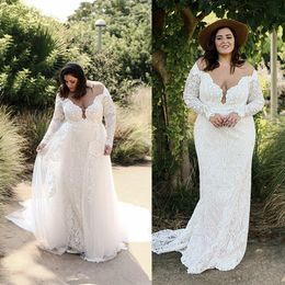 Plus Size Mermaid Wedding Dresses Sheer Jewel Lace Appliqued Long Sleeve Wedding Gowns With Detachable Train Custom Made Country Bride Dress