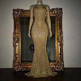 Cheap Sexy Gold Sequin Mermaid Prom Dresses Deep V Neck Crystals Beads Neck Formal Dresses Evening Dress Wear ogstuff robes de bal