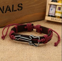 Wholesale-High Quality Cowhide Bracelet Jewelry Adjustable Bangles Waxed Cord Rock Style Antique Silver Plated Guitar Charm Bracelets