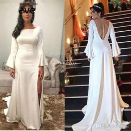 Sexy Side Split Evening Dresses White Long Sleeve Satin Formal Party Dresses Sheer Back Covered Buttons Prom Gowns Long Robe De Mariee