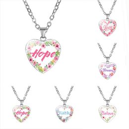 New Inspirational Heart shape Necklaces For women Love Hope Dream Believe Faith Letter Glass Pendant chains 2019 Fashion Jewellery