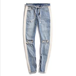 fashion-Men's Vintage Jeans Stitching White Striped Knees Large Holes Slim Slim Side Zipper Feet Jeans Free Shipping