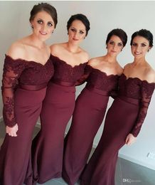 2019 New Burgundy Mermaid Bridesmaid Dresses Long Sleeves Lace Appliques Off the Shoulder Maid of Honour Gowns Custom Made Guest Dresses 1039