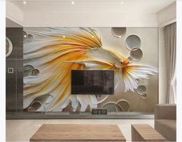 Custom Photo Wallpaper For Walls New Chinese oil painting 3d three-dimensional gold embossed goldfish TV background Creative Wall Paper 3D