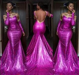 African Sexy Backless Evening Gowns Sheer Neck Gold Appliques Mermaid Prom Dress Long Sleeves Sequined Party Dress Vestidos Black Girls