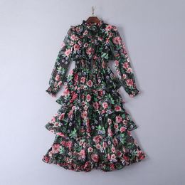 European and American women's spring 2019 new style Long sleeve collar Floral print The cake puts the dress of temperament