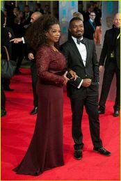 2019 New Oprah Winfrey Burgundy Long Sleeves Sexy Mother of the Bride Dresses V-Neck Sheer Lace Sheath Plus Size Celebrity Red Carpet Gowns