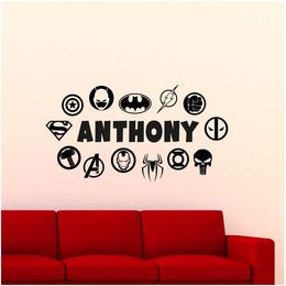 Personalized Superhero Sign Logo Wall Sticker Custom Name Vinyl Home Decor Boys Room Kids Bedroom Batman Decals Art Murals