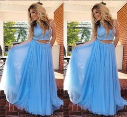 2 Piece Tulle Evening Prom Dresses Long Light Sky Blue Beaded Crystal Sashes Sexy Deep V-neck Draped Formal Dress Elegant Party Gowns Women