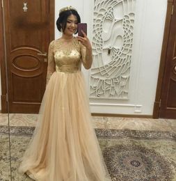 Champagne Muslim Evening Dress Gold Lace Full Sleeve Plus vestido de festa Islamic Dubai Saudi Arabic Evening Gown Prom Dress