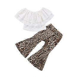 Baby Girls Sets Fashion Off Shoulder Lace Top+Eopard Flare Trousers 2pcs Set Girls Clothing Toddler Boutique Costume