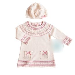 INS Baby Knit dresses Outfits infant kids knitted sweater dress girls Bows pocket long sleeve dress+twist knitting hat 2pcs sets Y2556