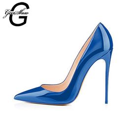 Elegant Women Dark Blue Patent Leather Pointy Evening Dress Pumps High Heels Ladies Party Shoes Plus Size 6-12