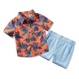 boy Kids Designer Clothing 100%Cotton short sleeve Leaf print boy's set causal summer boys Casual set t shirt+ Short