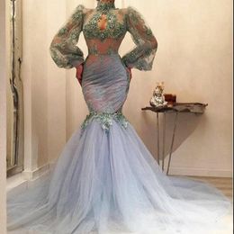 Dusty Blue Mermaid Prom Dresses Sexy See Through Lace Appliques Sheer Long Sleeves Evening Gowns Tulle Sweep Train Arabic Women Formal Wear