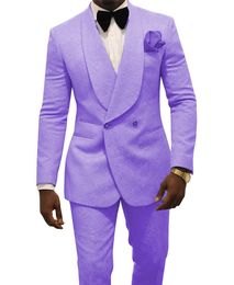 Newest Double-Breasted Light Purple Paisley Groom Tuxedos Shawl Lapel Men Suits 2 pieces Wedding/Prom/Dinner Blazer (Jacket+Pants+Tie) W745
