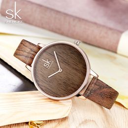 Shengke New Creative Women Watches Casual Fashion Wood Leather Watch Simple Female Quartz Wristwatch Relogio Feminino2853