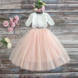 por mayor 2019 conjunto de ropa de primavera verano para las niñas media de encaje + Champagne rosa falda larga ropa para niños 0-10T E17121