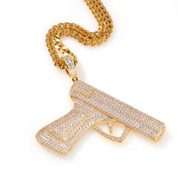 Mens Cool Hip Hop Necklace Gold Silver Colors Full CZ Gun Pendant Necklace with Cuban Chain Nice Gift