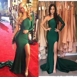 Modest Hot Emerald Green Sexy Split Evening Dresses 2019 Mermaid Long Sleeves One Shoulder Prom Dresses Long Party Celebrity Gowns