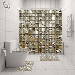 NYAA 4 Pcs Mosaic Decoration Shower Curtain Pedestal Rug Lid Toilet Cover Mat Bath Mat Set For Bathroom Decor Y200407