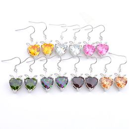 Luckyshien Wholesale 12 Pairs/Lot Classic Heart-shaped Morganite Garnet obsidian Gems 925 Silver Plated CZ Drop Earrings For Women gift